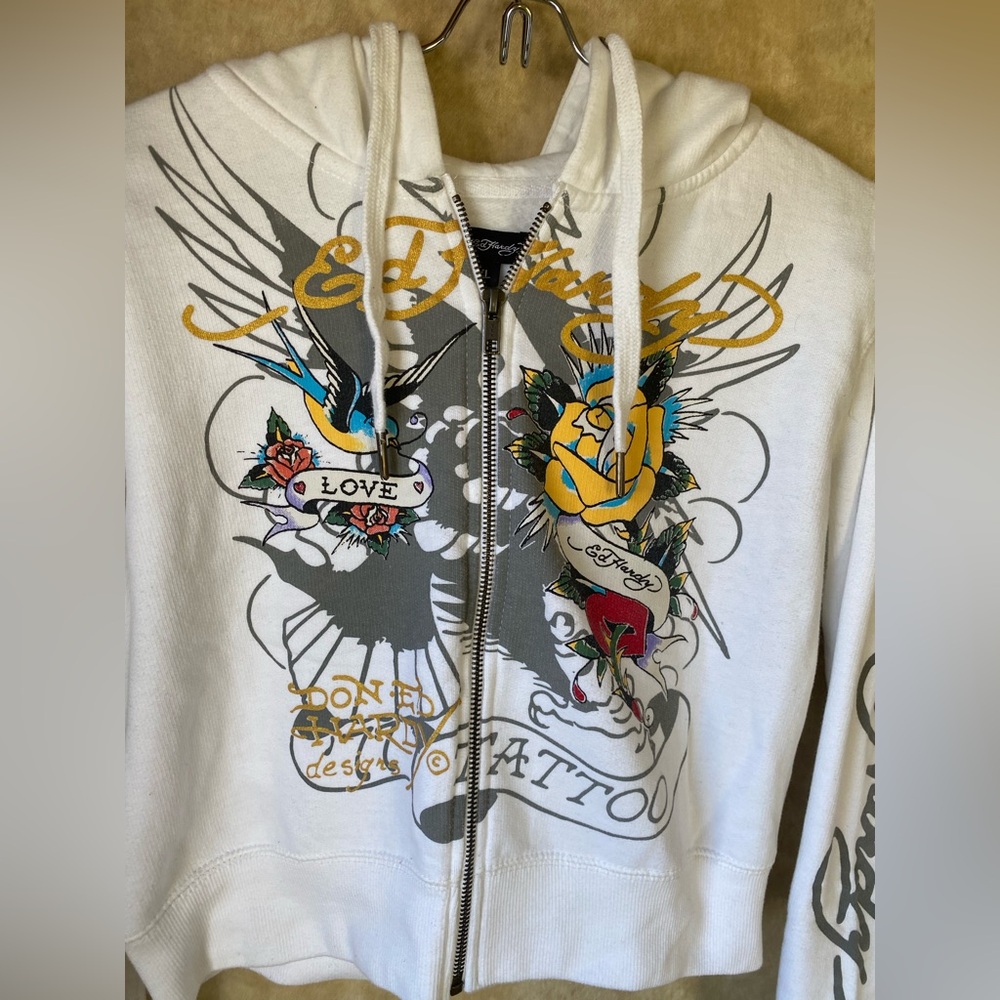 Ed Hardy Juniors Cropped White Hoodie with Tattoo Graphic Retro 90s XL - Picture 6 of 11